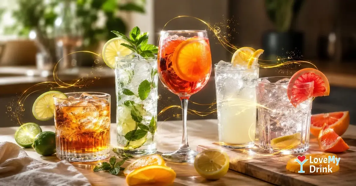 Five easy cocktails on a sunlit table with citrus, ice and subtle golden lemon-line accents.