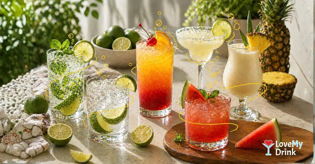 Six simple homemade cocktails with ice and fresh fruit, refreshing drinks in natural light on a table.