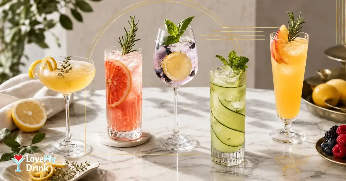 Five elegant non-alcoholic cocktails in colorful glasses on a marble counter, garnished with citrus, cucumber, herbs.