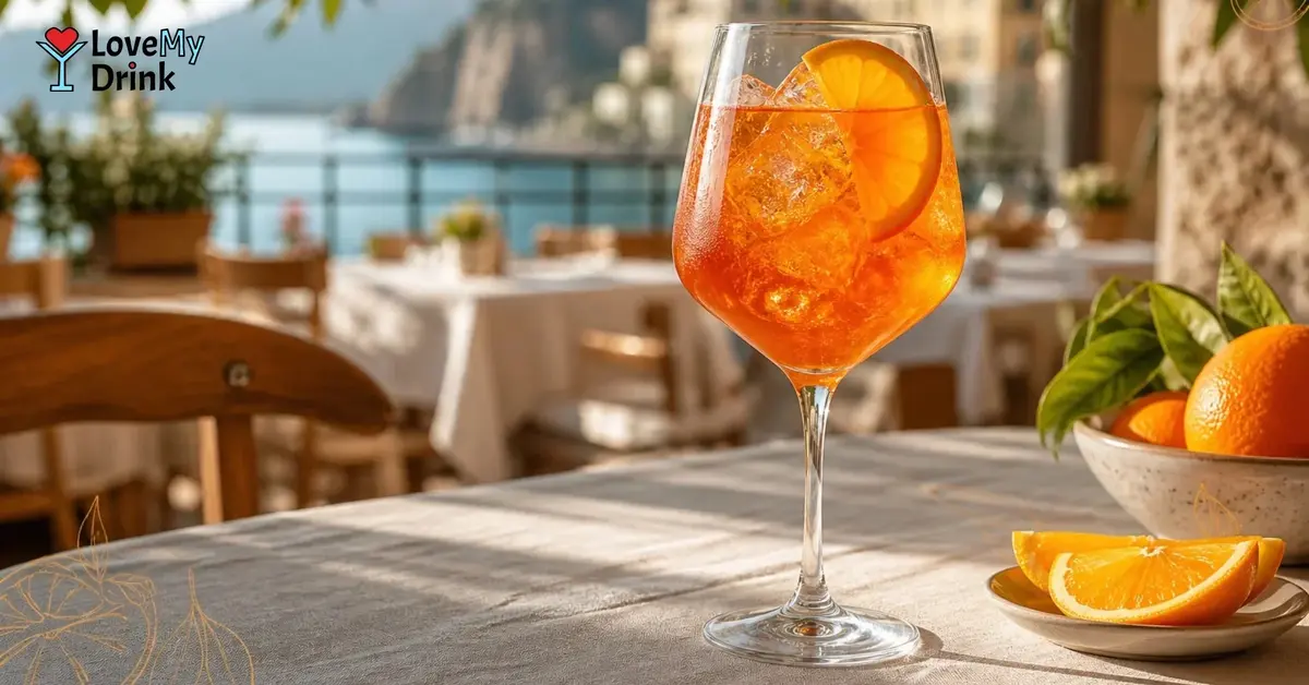 Easy Aperol Spritz in a wine glass with ice, orange garnish, and soft citrus styling in warm natural light.