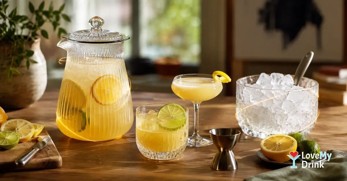 Citrus batch cocktail in a glass pitcher with two drinks, separate ice bucket, jigger and subtle lemon lines.