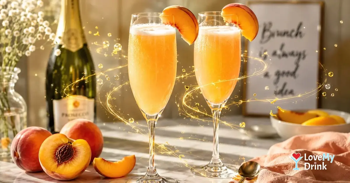 Peach Bellini cocktails with prosecco, fresh peaches and subtle golden lemon line accents on a brunch table.