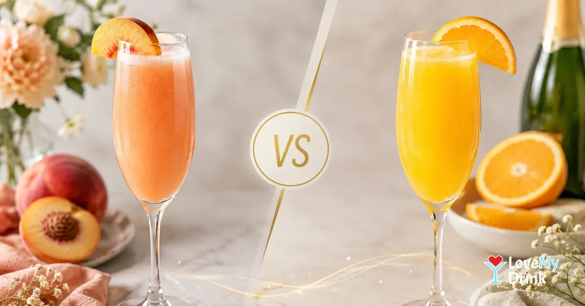 Bellini and Mimosa served side by side in champagne flutes, with peach and orange garnishes, a subtle VS detail and delicate golden lemon lines.