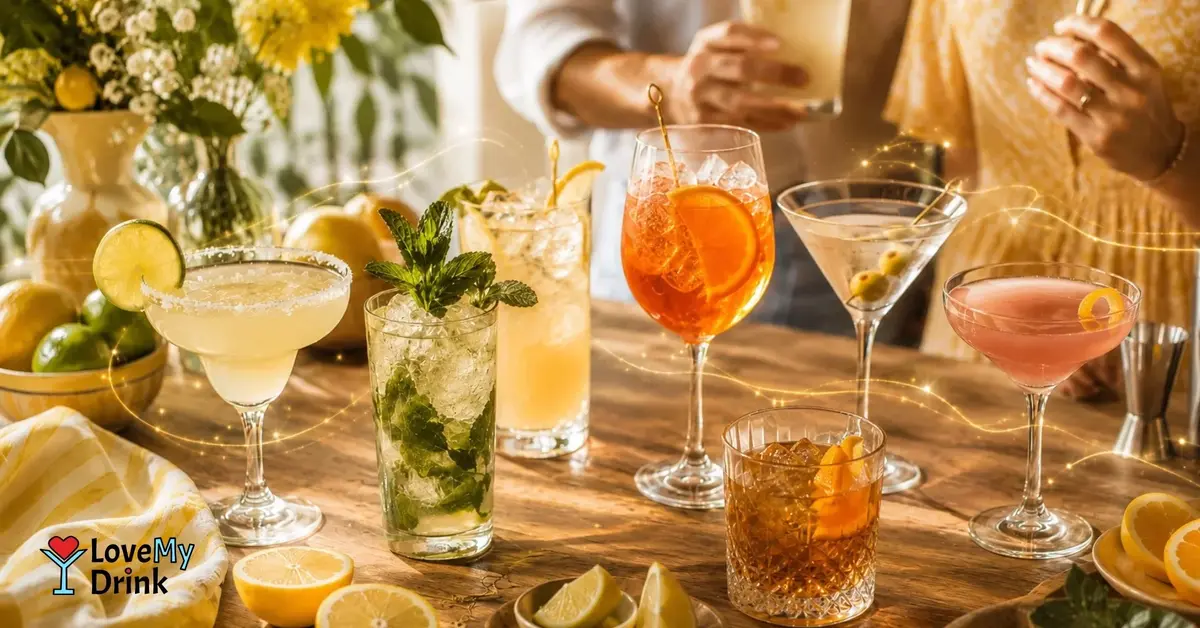 Classic cocktails at a sunny home party with glowing lemon lines shimmering around the drinks.