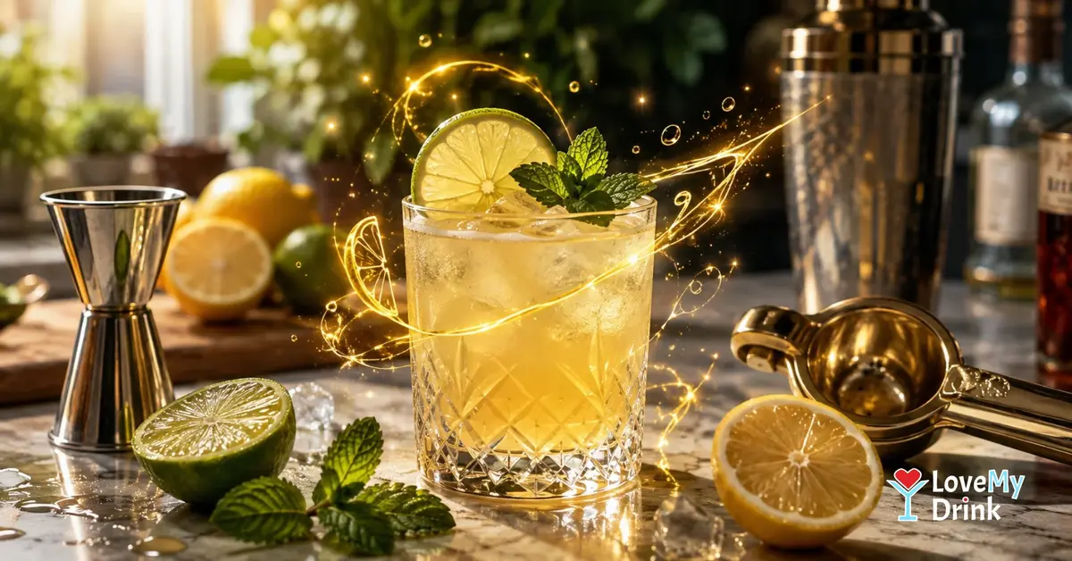 Citrus cocktail with lime and mint, framed by bar tools and glowing golden lemon lines.