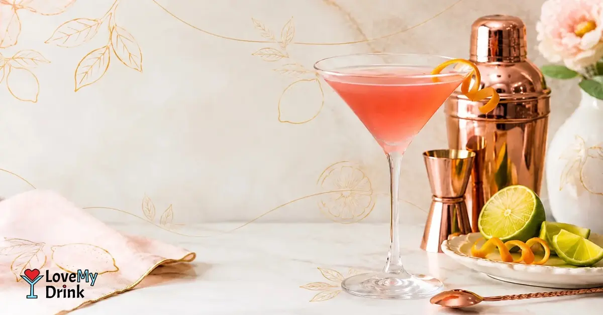 Cosmopolitan cocktail with orange twist, copper bar tools, lime and subtle lemon line accents.