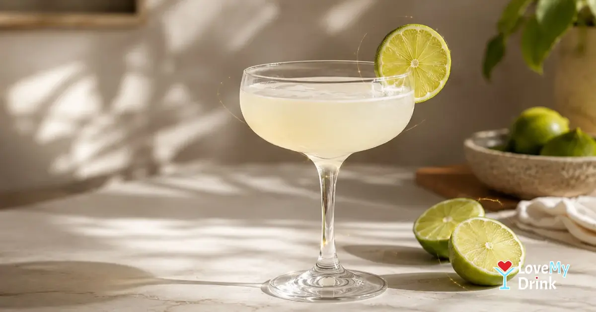 Classic Daiquiri in a chilled coupe with fresh lime on a softly sunlit stone table.