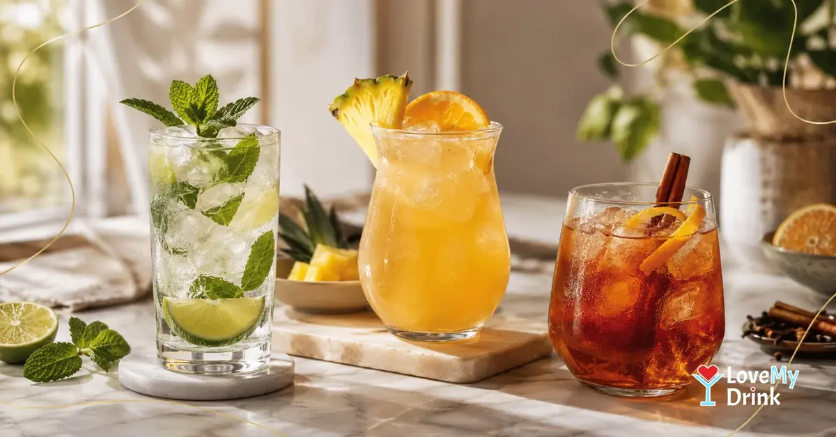 Three rum cocktails made with white, gold and dark rum, served with lime, pineapple, orange and warm spice.