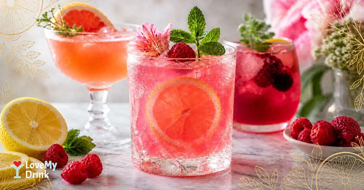 Pink girls night cocktail with lemon, raspberry, mint, and floral garnish, with two colorful cocktails softly blurred 