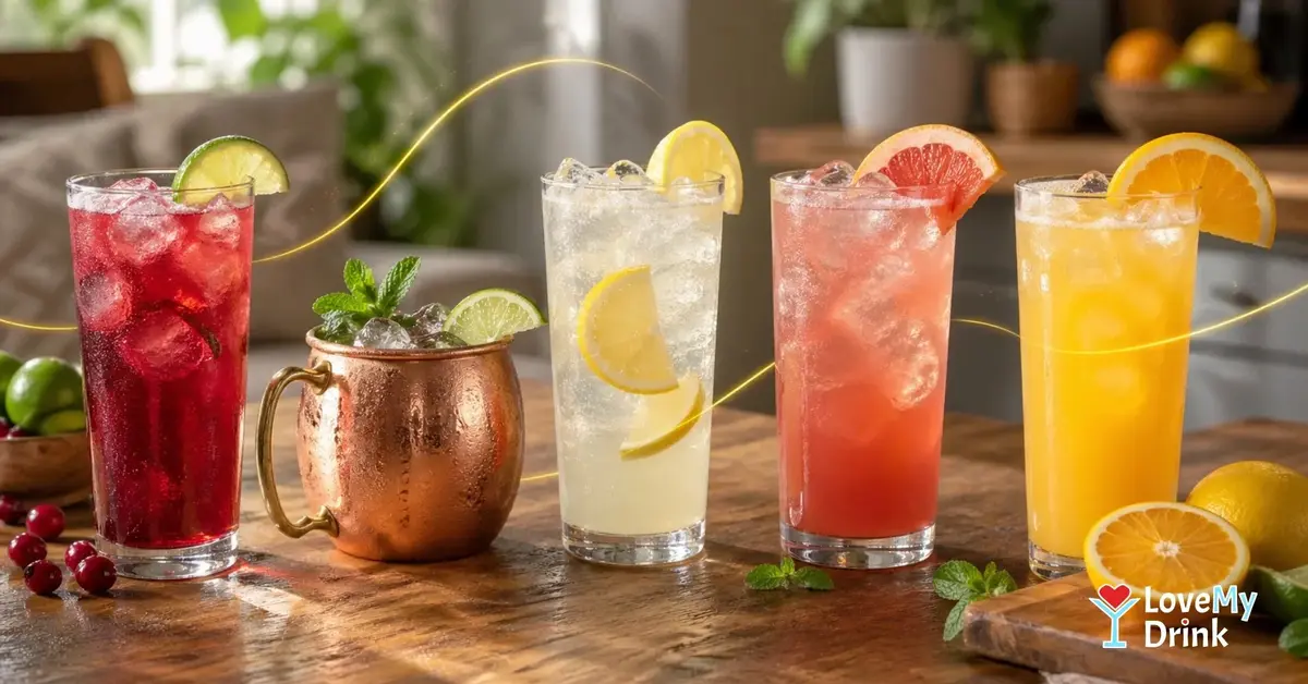 Five easy vodka drinks with citrus, ice and lemon accent lines on a sunny wooden table.