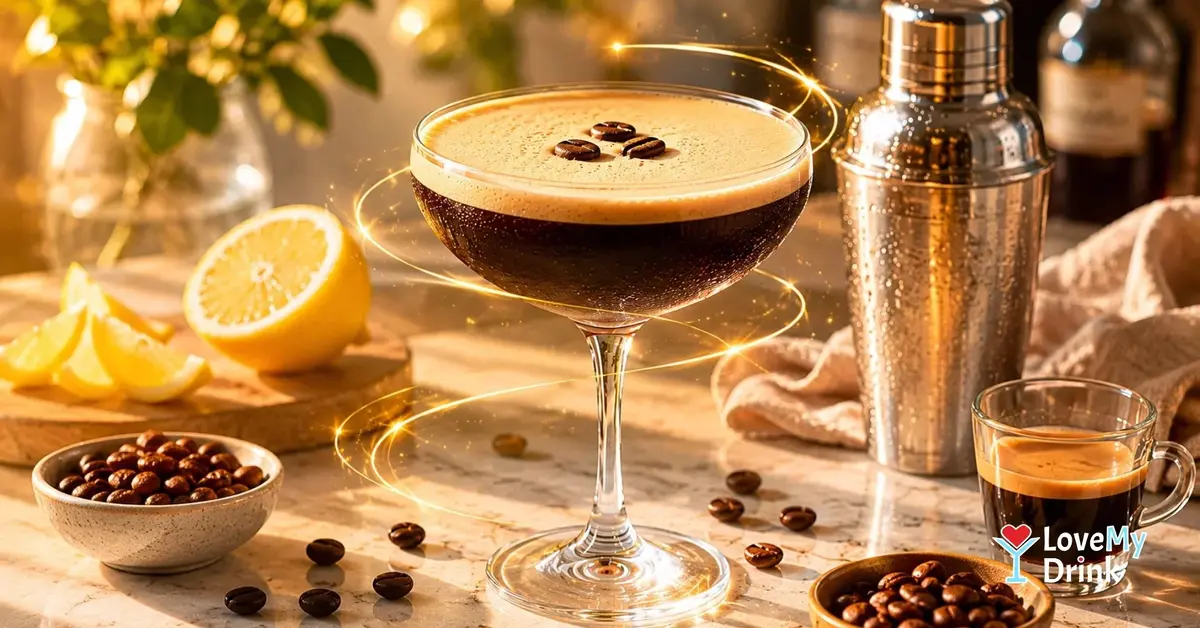 Espresso Martini with creamy foam, coffee beans and golden lemon line accents on a warm home bar setup.