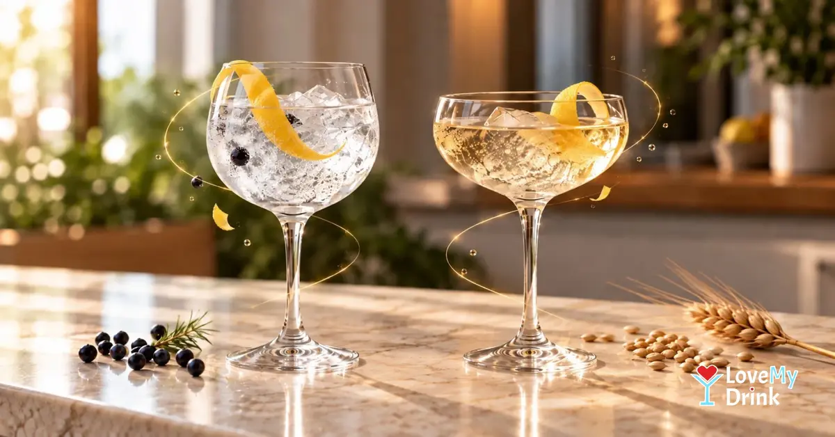 Two elegant cocktails side by side showing botanical gin and grain-forward genever in a warm home setting