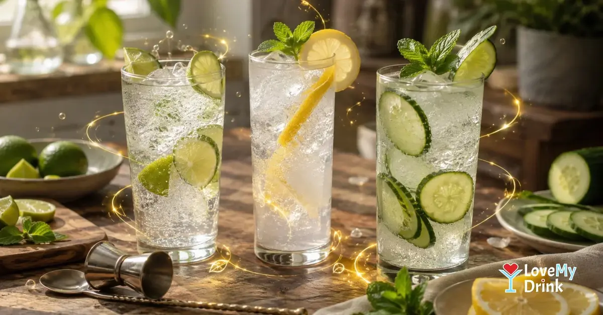 Three simple gin cocktails with lemon, lime and cucumber on a sunny home table