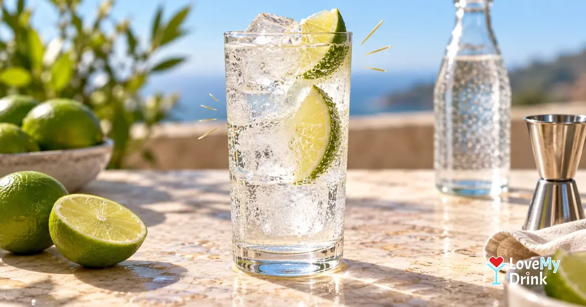 Gin Rickey with fresh lime, ice and sparkling soda in a sunlit highball glass.