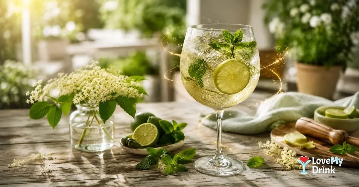 Hugo Spritz in a wine glass with mint, lime and ice, styled on a sunlit table with subtle golden lemon lines.