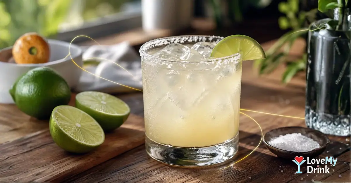 Easy Margarita cocktail with lime, salted rim and subtle lemon lines.