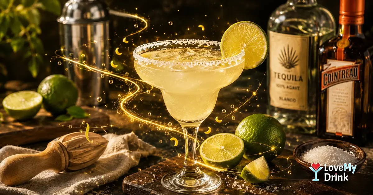 Fresh Margarita with a salted rim, lime garnish and subtle golden lemon lines on a warmly lit home bar.