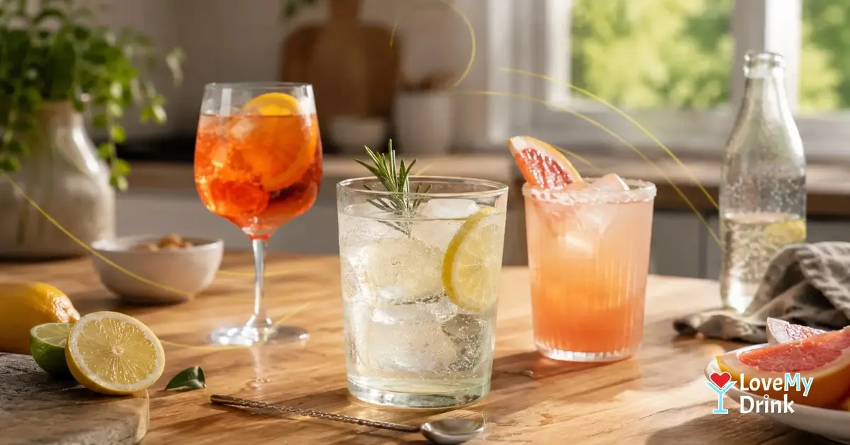 Easy no-shaker cocktails with citrus, ice and lemon accent lines on a sunny kitchen table.
