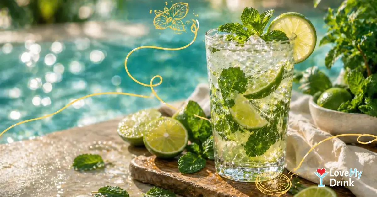 Fresh mojito with lime, mint and ice by a pool, natural sunlight, refreshing summer cocktail with citrus accents.