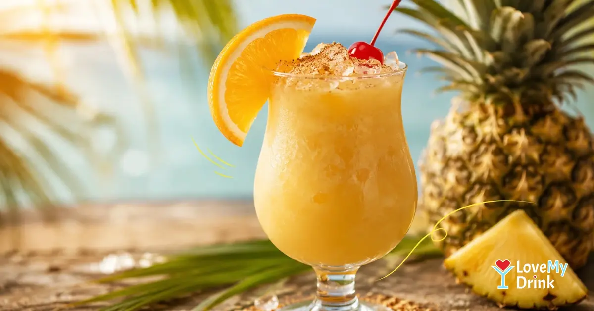 Painkiller cocktail with rum, pineapple, coconut, crushed ice and fresh nutmeg.