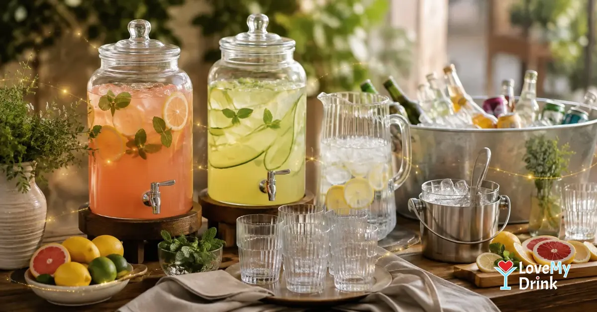 Party drink station with two dispensers, citrus pitcher, ice bucket, chilled bottles and golden lemon lines.