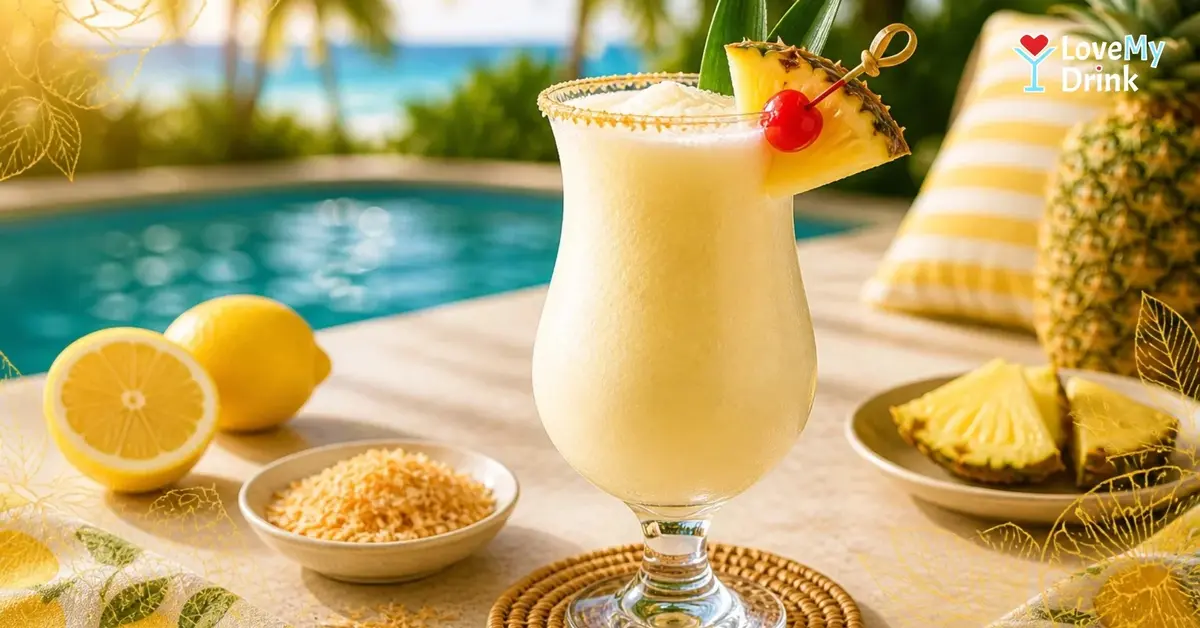 Pina colada by a sunny pool with pineapple, cherry, lemon, coconut and subtle gold line-art accents.