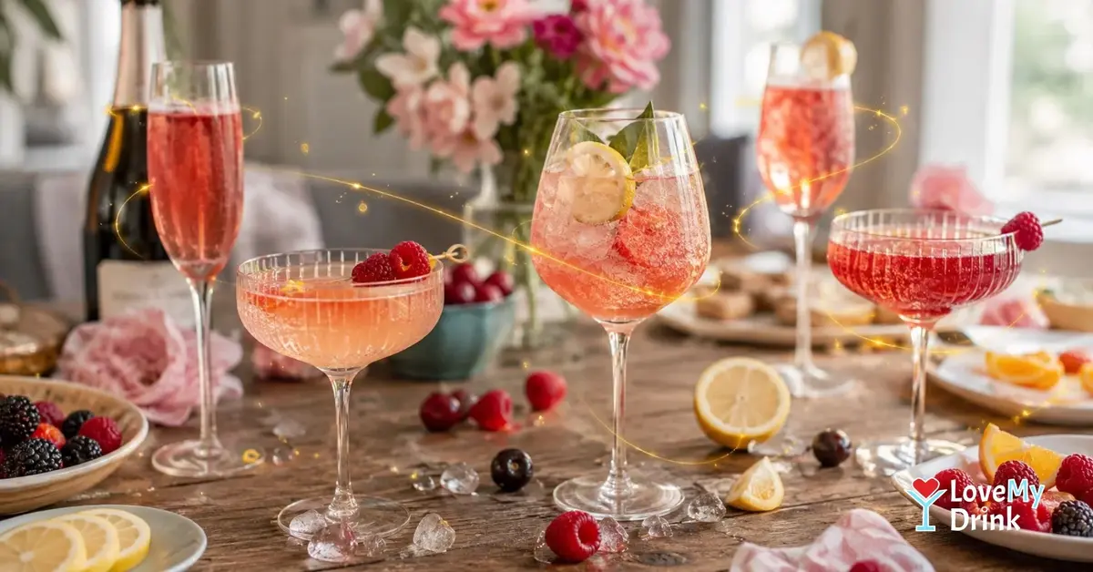 Pretty pink cocktails on a brunch table with berries and citrus