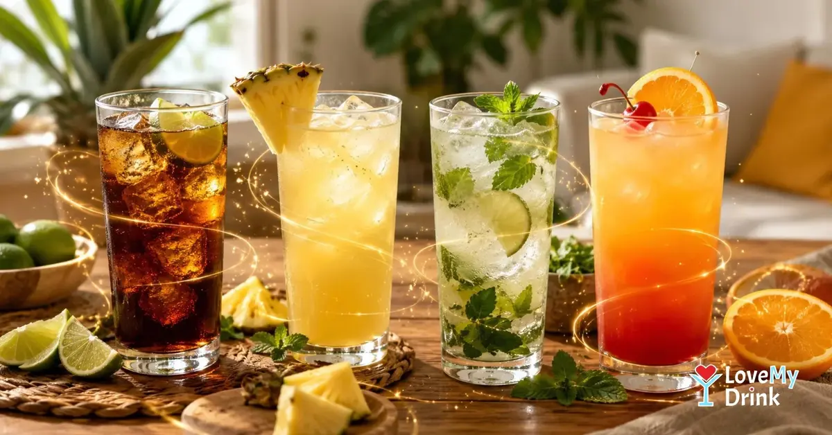 Easy rum cocktails with pineapple, mint, cola and citrus on a sunny table.