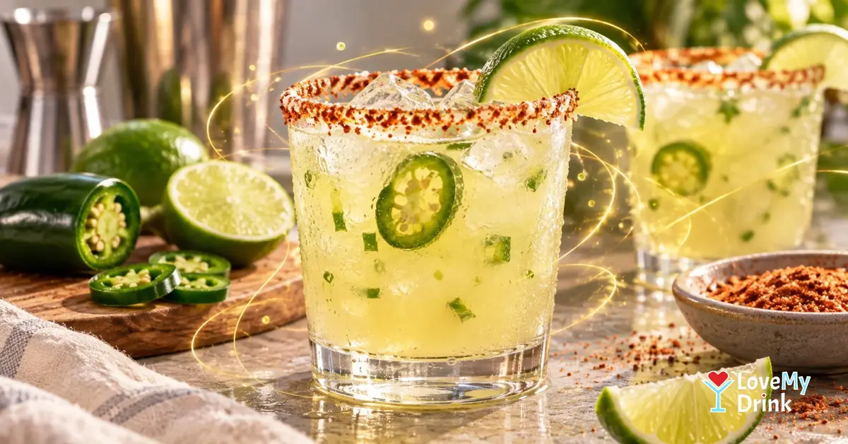 Spicy jalapeño Margarita with a Tajín rim, fresh lime and ice, surrounded by jalapeños in warm natural light.