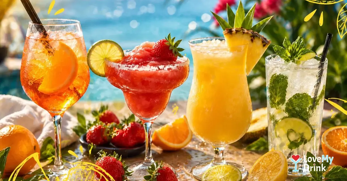 Refreshing summer cocktails with citrus, strawberry daiquiri, pineapple drink and mint cooler on a sunny tropical table.