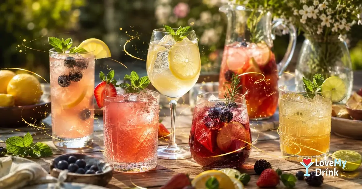 Colorful non-alcoholic summer party drinks on a garden table