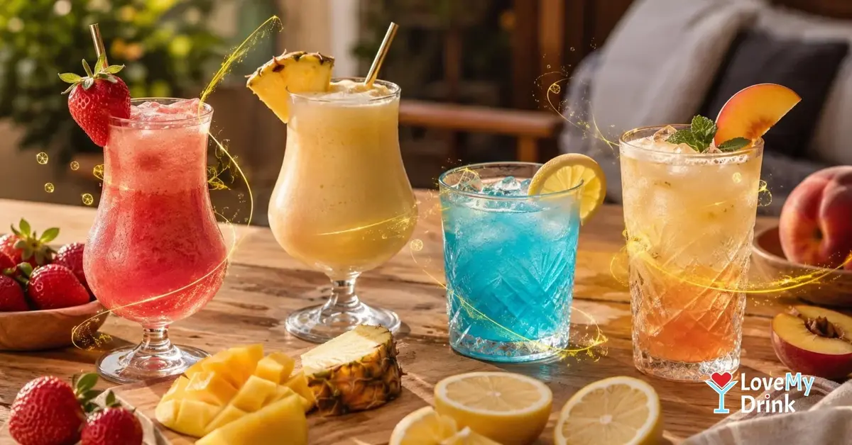  Sweet colorful cocktails on a home table with fruit and ice