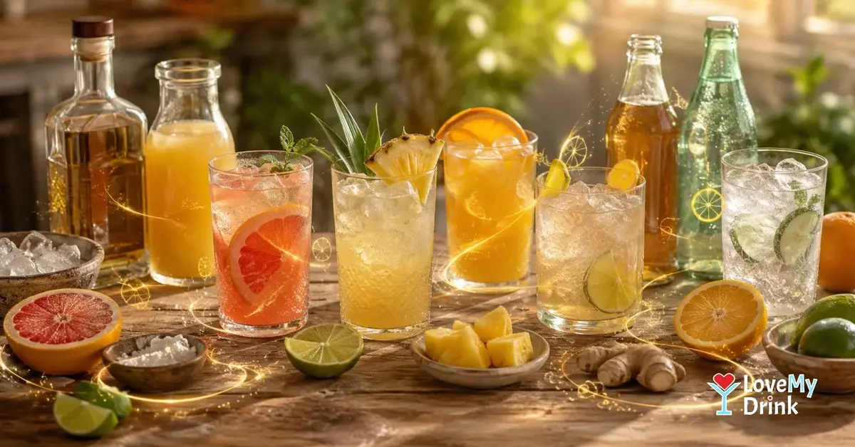 Tequila with colorful mixers, citrus and ice on a casual home bar table