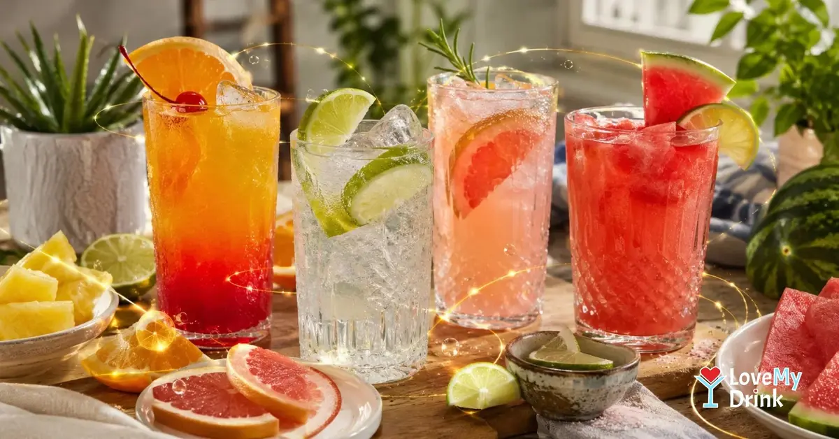 Refreshing tequila cocktails with citrus, watermelon and golden lemon lines on a sunny home table.