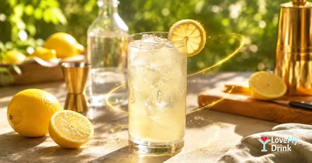 Tom Collins cocktail with lemon, ice and golden citrus lines in a sunny garden