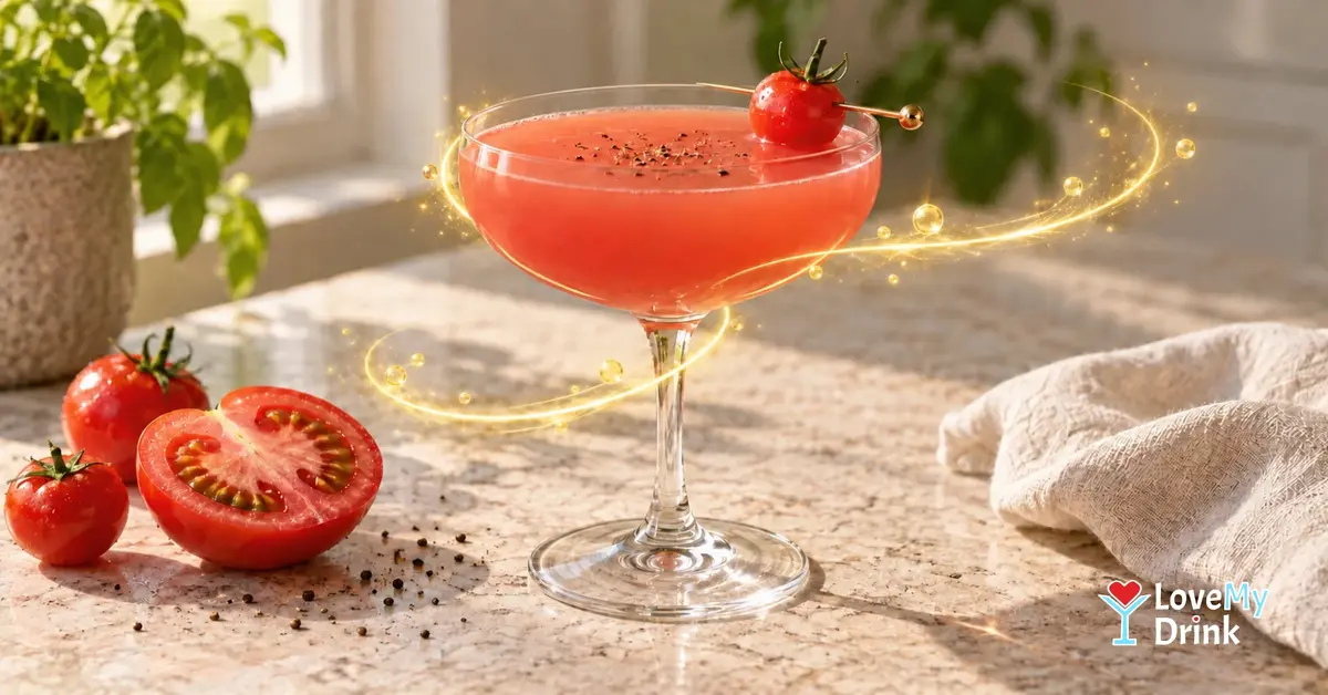 Tomatini in a coupe with black pepper and a cherry tomato garnish, framed by golden lemon lines and fresh tomatoes.