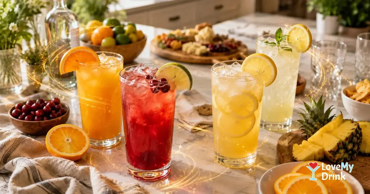 Colorful vodka and juice drinks on a home table with citrus and ice