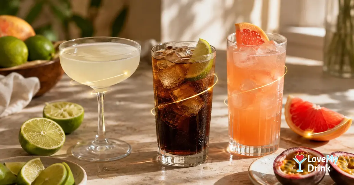 Daiquiri, Cuba Libre and grapefruit rum fizz on a sunlit table with citrus and subtle golden lemon lines.