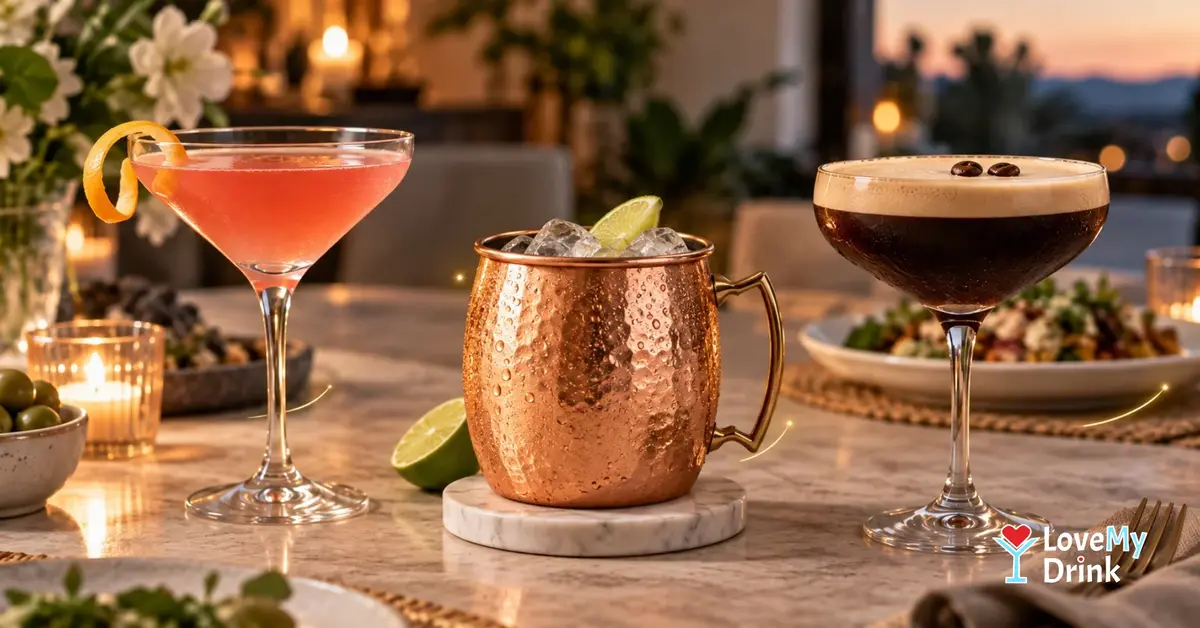 Cosmopolitan, Moscow Mule and Espresso Martini arranged as a three-drink dinner party menu