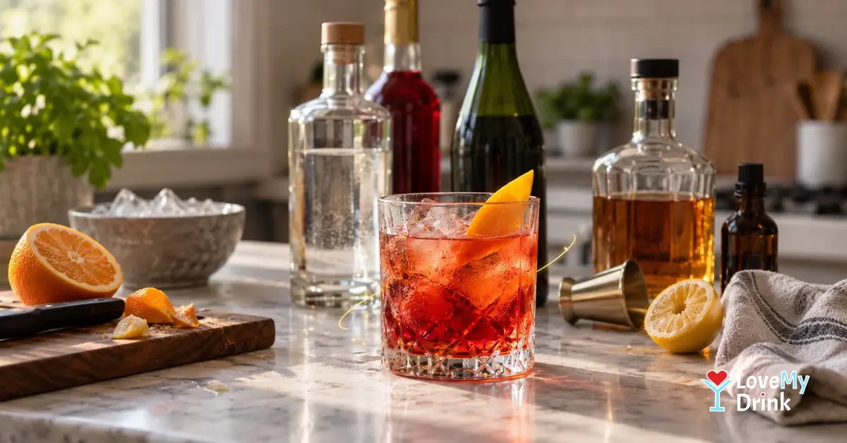 Five-bottle home bar with a red cocktail, citrus and simple cocktail tools