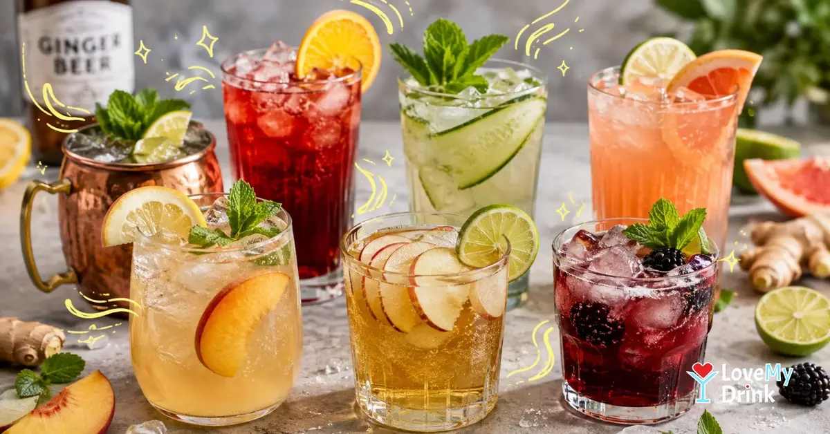 Seven colorful ginger beer mocktails with citrus, berries, mint and cucumber on a bright table.