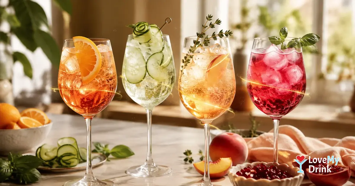 Four colorful non-alcoholic spritzes with citrus, cucumber, peach and pomegranate