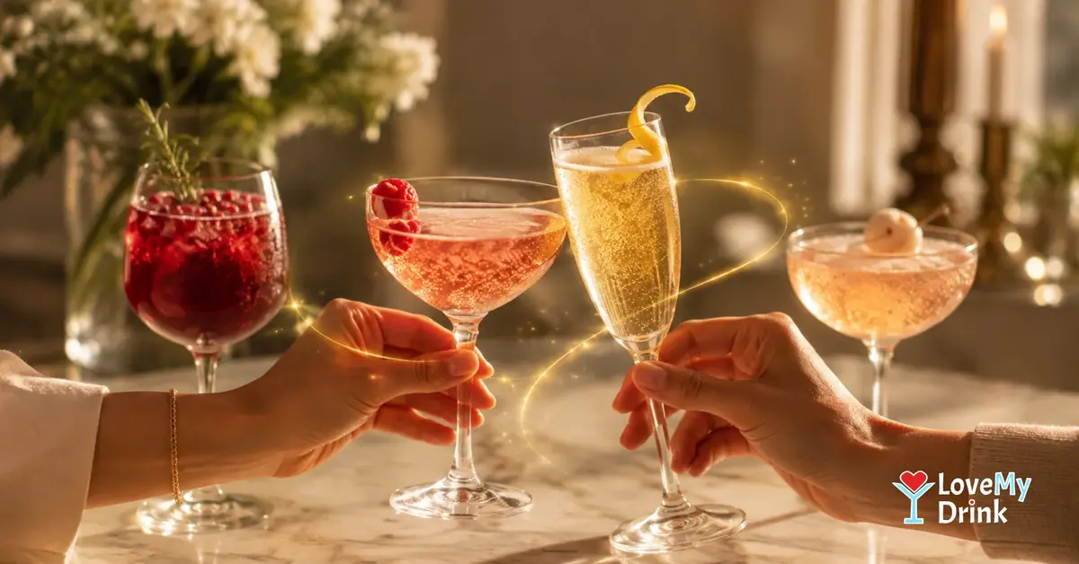 Four sparkling alcohol-free mocktails raised for a celebratory toast with subtle golden lemon lines.