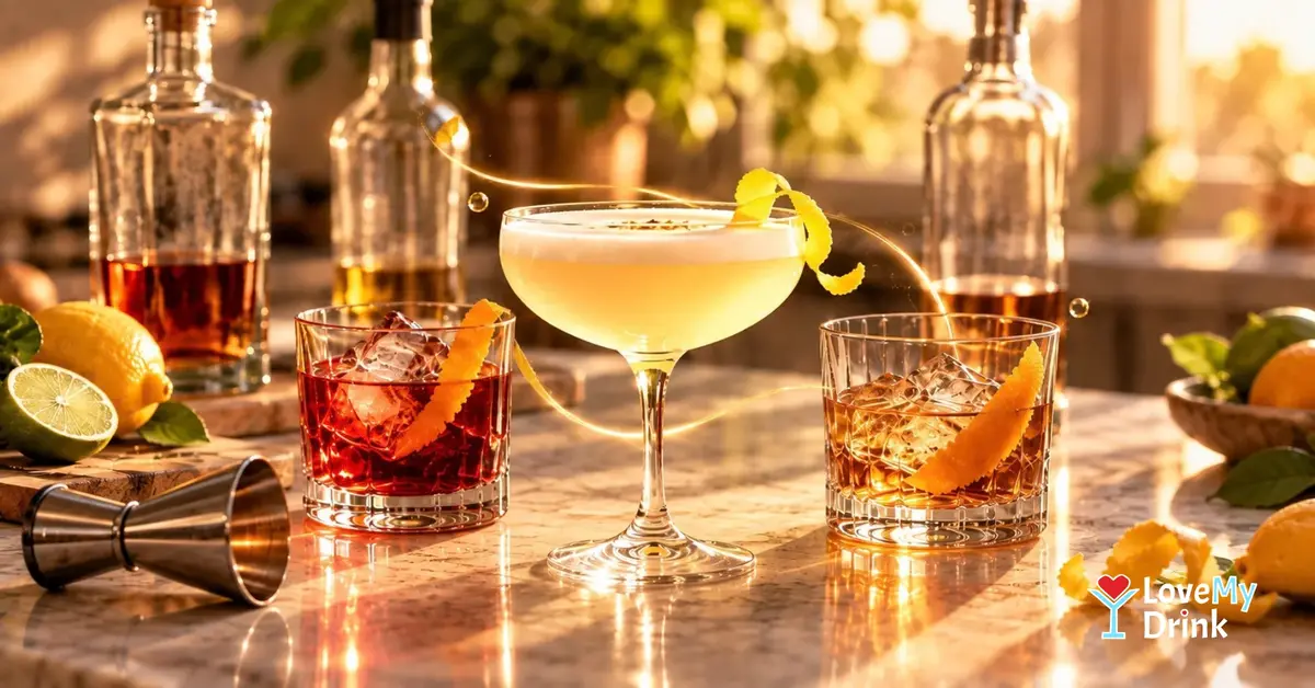 Three cocktails with nearly empty bottles, a jigger and subtle golden lemon lines on a warm kitchen counter