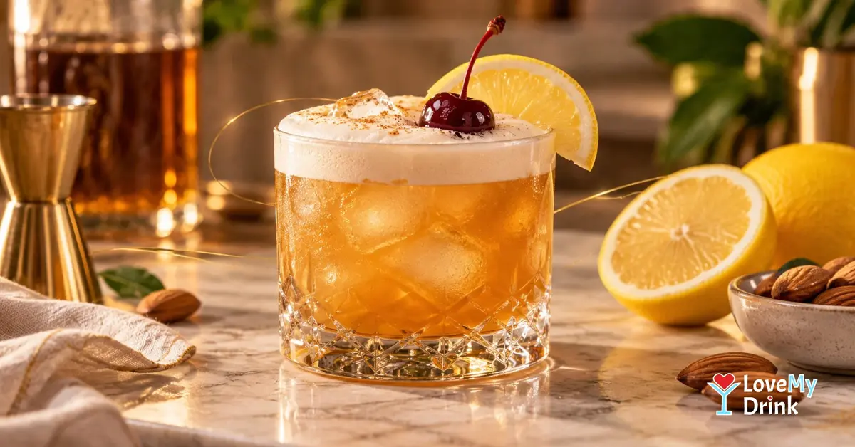Amaretto Sour with creamy foam, cherry and lemon garnish on a sunlit kitchen counter beside almonds.