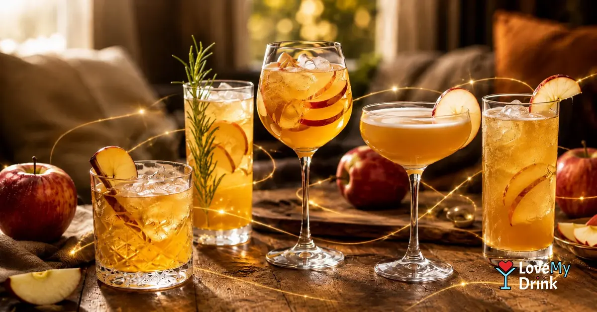 Five golden apple cider cocktails with fresh apples and subtle glowing lemon lines