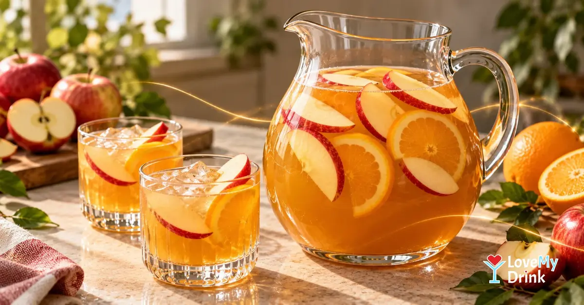 Glass pitcher of sparkling apple cider punch with apple and orange slices, beside two tumblers in warm autumn light.