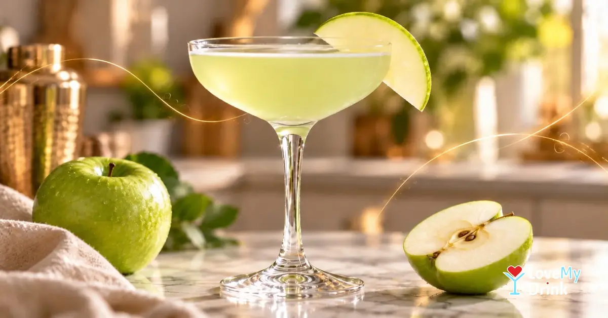 Pale green Appletini in a coupe with Granny Smith apple and subtle golden lemon lines.