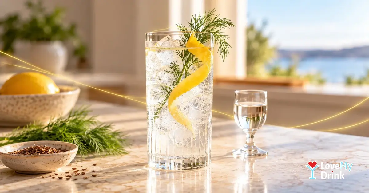 Aquavit highball with dill and lemon, a neat tasting glass and caraway seeds.