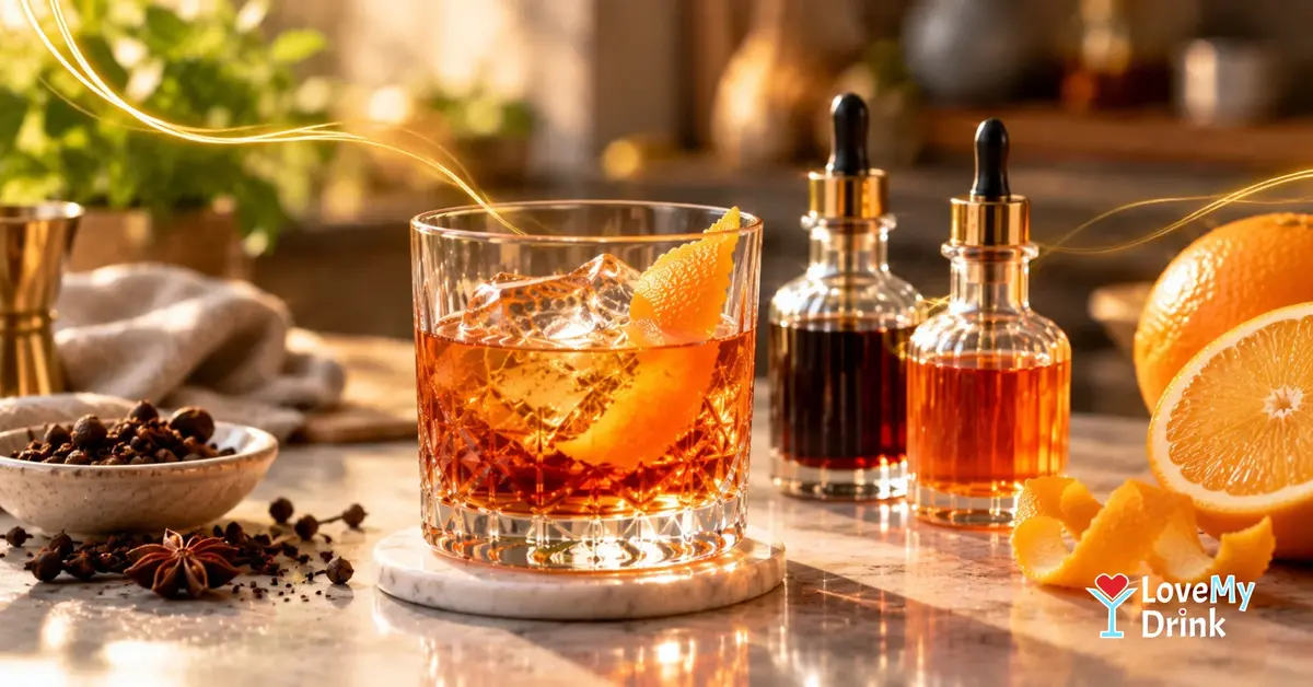 Old Fashioned cocktail with two bitters bottles, fresh orange and warm spices in golden afternoon light.